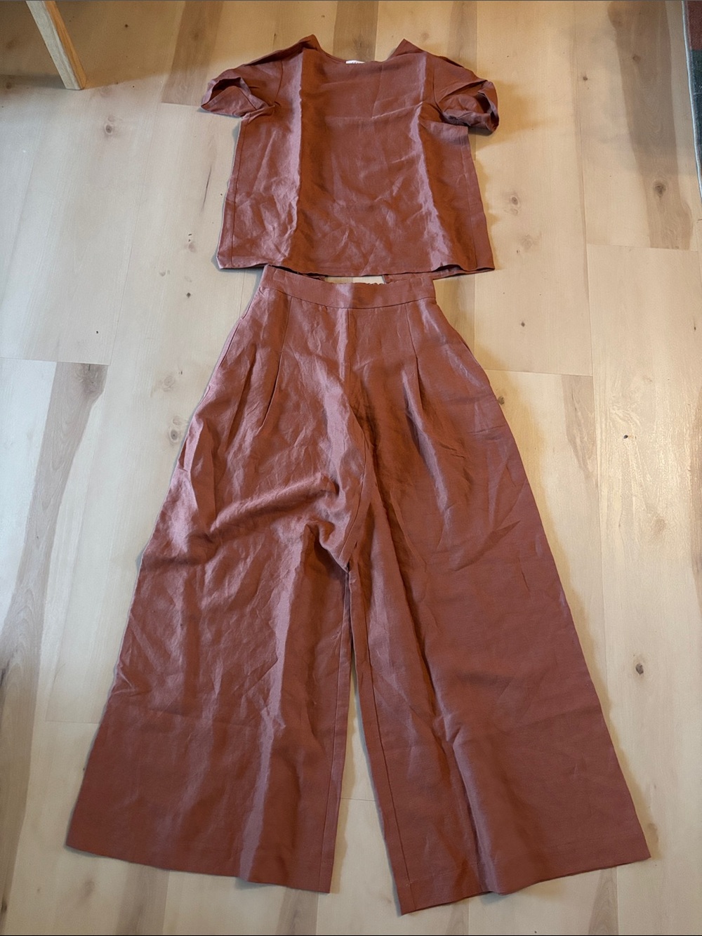 Rust Wide-Leg Linen Pants with Matching Top